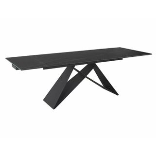 Wymiary: - długość: 160-240 cm - szerokość: 90 cm - wysokość: 77 cm   Materiał: - blat: szkło hartowane + włoska ceramika Sahara NOir - stelaż:...