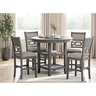 Zestaw mebli barowych WRENNING D425-223 Wymiary: Stół: - średnica: 107 cm - wysokość: 92 cm - wyższa półka: 48 x 48 x 30 cm - niższa półka: 48 x 48 x...