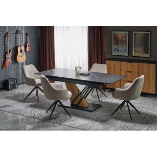 Wymiary: - długość: 160-200 cm - szerokość: 90 cm - wysokość: 76 cm   Materiał: - blat: spiek - podstawa: MDF lakierowany, MDF okleinowany, stal...