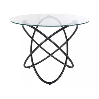 Stół okrągły ORBIT 100 cm - transparentny / czarny Wymiary: - średnica: 100 cm - wysokość: 75 cm Materiał:  - blat: szkło - podstawa: metal Kolor:...