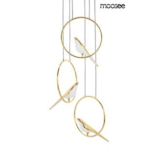 Designerski motyw lampy wykonany z połączenia akrylu i metalu w nowoczesnej kolorystyce. Kombinacja trzech biało-złotych ptaszków zawieszonych na złotym...