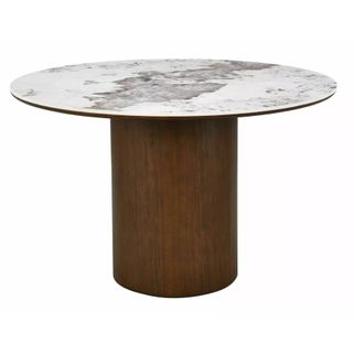 Stół okrągły RONDO CERAMIC 120 cm - biały połysk / orzech Wymiary: - średnica: 120 cm - wysokość: 76 cm   Materiał:  - blat: MDF + ceramika Pandoro...