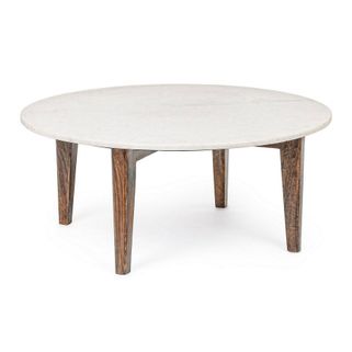 Stolik kawowy o średnicy blatu 75 cm. Blat wykonany z marmuru w jasnym kolorze, nogi stolika z drewna mango, malowane farbą na bazie wody, do samodzielnego...