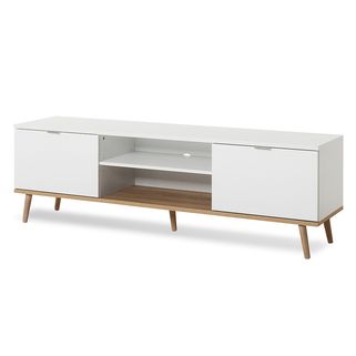 Szafka RTV GÖTEBORG 2D 160 cm - biały mat/dąb sonoma   Marzy Ci się zaaranżowanie urokliwego i ponadczasowego kącika telewizyjnego? Szafka RTV Göteborg...