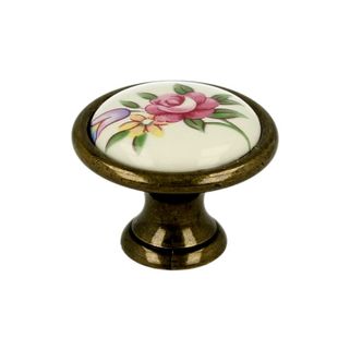 Gałka ROMANA 1700 - stary mosiądz, wielobarwny kwiat / fi 29 mm  Wymiary:- średnica: 29 mm - wysokość: 21,5 mm  Materiał:  - metal - porcelana  Kolor...