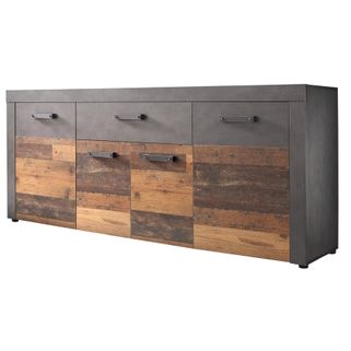 Wymiary: - szerokość 178 cm  - głębokość 40 cm  - wysokość 77 cm    Materiał: - korpus/aplikacje: folia szara matera - front: folia drewno...