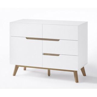 Wymiary: - szerokość 97 cm - głębokość 40 cm - wysokość 76 cm   Maksymalne obciążenie: 30 kg   Materiał: - lakier biały mat - nogi: dąb lity -...