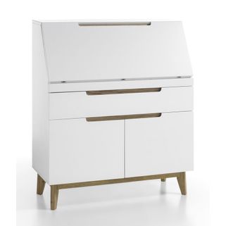 Wymiary: - szerokość 97 cm - głębokość 40 cm - wysokość 113 cm   Maksymalne obciążenie: 30 kg   Materiał: - lakier biały mat - nogi: dąb lity -...