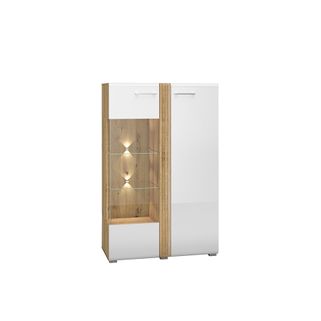 Wymiary: - szerokość: 92 cm - głębokość: 42 cm - wysokość: 143 cm   Materiał: - płyta MDF - dąb castello - płyta MDF - biały połysk - szkło  ...