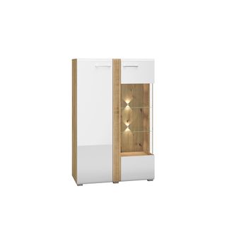 Wymiary: - szerokość: 92 cm - głębokość: 42 cm - wysokość: 143 cm   Materiał: - płyta MDF - dąb castello - płyta MDF - biały połysk - szkło  ...