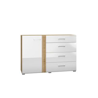 Wymiary:  - szerokość: 143 cm - głębokość: 42 cm - wysokość: 90 cm   Materiał: - płyta MDF - dąb castello - płyta MDF - biały połysk - metalowy...