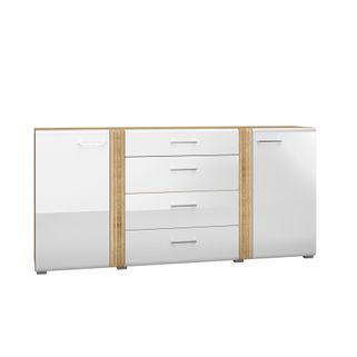 Wymiary:  - szerokość: 190 cm - głębokość: 42 cm - wysokość: 90 cm   Materiał: - płyta MDF - dąb castello - płyta MDF - biały połysk - metalowy...