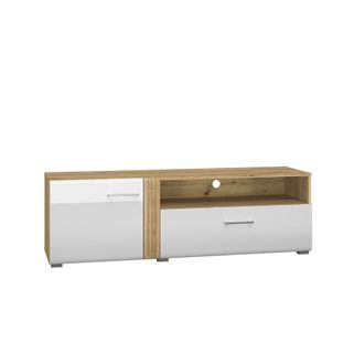 Wymiary:  - szerokość: 150 cm - głębokość: 42 cm - wysokość: 47 cm   Materiał: - płyta MDF - dąb castello - płyta MDF - biały połysk - metalowy...