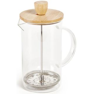 Wymiary: - średnica: 9 cm - wysokość: 18 cm - pojemność: 600 ml Materiał:  - szkło borokrzemianowe - drewno bambusowe - metal Kolor: transparentny...
