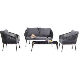 Zestaw mebli ogrodowych Elba urzeka swoją elegancką stylistyką. Czarne szkło stolika i szare pokrycie przypominające rattan nadają zestawowi luksusowy...