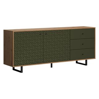 Wymiary: - szerokość: 183 cm - głębokość: 40 cm - wysokość: 75 cm   Materiał: - korpus: laminat dąb artisan - fronty: folia ciemnozielona  ...
