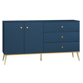 Wymiary: - szerokość: 160 cm - głębokość: 40 cm - wysokość: 85 cm    Materiał: - płyta laminowana - obrzeże ABS - metal   Kolor: granatowy/złoty...
