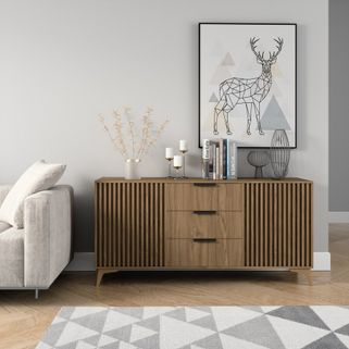 Wymiary: - szerokość: 150 cm - głębokość: 40 cm - wysokość: 72 cm - wysokość nóżek: 12 cm Materiał: - korpus / fronty: MDF (16 mm) - wykończenie...