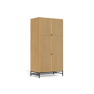 Wymiary: - szerokość: 99 cm - głębokość: 60 cm - wysokość: 200 cm Materiał: - korpus / fronty / półki: płyta MDF, melamina - podstawa: stal malowana...