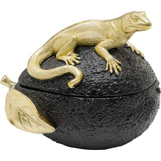Pojemnik dekoracyjny AVOCADO LIZARD - czarny / złoty Wymiary: - szerokość: 16 cm - głębokość: 10 cm - wysokość: 15 cm Materiał: polirezyna Informacje...
