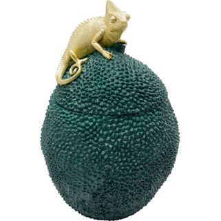 Pojemnik dekoracyjny JACKFRUIT CHAMELEON - zielony / złoty Wymiary: - szerokość: 27 cm - głębokość: 26 cm - wysokość: 41 cm Materiał: polirezyna...