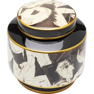 Pojemnik dekoracyjny z pokrywką LA SPEZIA 19 cm - czarno-biały Wymiary: - średnica: 22 cm - wysokość: 19 cm Materiał: - porcelana lakierowana - naklejka...
