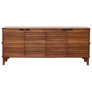Komoda drewniana 4-drzwiowa SANTOS - brązowy Wymiary: - szerokość: 200 cm - głębokość: 40 cm - wysokość: 85 cm Materiał: - korpus / fronty: lite...