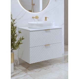 Wymiary: - szerokość: 80 cm - głębokość: 49 cm - wysokość: 63 cm   Materiał: - front: płyta MDF 18 mm, biały mat piramidki - korpus / półki:...