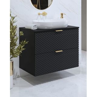 Wymiary: - szerokość: 80 cm - głębokość: 49 cm - wysokość: 63 cm   Materiał: - front: płyta MDF 18 mm, czarne piramidki - korpus / półki: płyta...