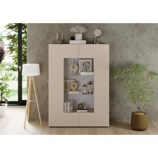 Wymiary: - szerokość: 121 cm - głębokość: 42 cm - wysokość: 166 cm Materiał: - korpus: płyta laminowana, kaszmir - front: MDF, folia kaszmir mat /...