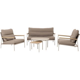 Zestaw mebli ogrodowych CORSICA 5 elementów - beżowy / kremowy Wymiary: Sofa: - szerokość: 142 cm - głębokość: 85 cm - wysokość: 80 cm Fotel: -...