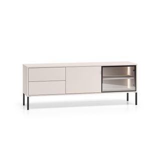 Wymiary:  - szerokość: 160 cm - głębokość: 40 cm - wysokość: 59 cm   Materiał:  - korpus: płyta laminowana - front: płyta laminowana / szkło...
