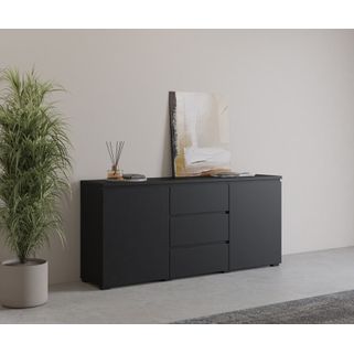 Wymiary: - szerokość: 150 cm - głębokość: 34,5 cm - wysokość: 67,9 cm Materiał: - blat: płyta meblowa 22 mm, czarny onyx laminat - korpus / fronty /...