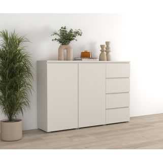 Wymiary: - szerokość: 150 cm - głębokość: 34,5 cm - wysokość: 100,3 cm Materiał: - blat: płyta meblowa 22 mm, kaszmir laminat - korpus / fronty /...