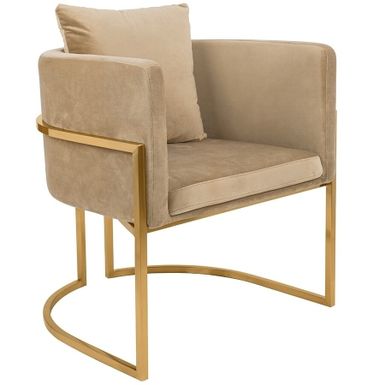 Fotel CHLOE VELVET - khaki/złoty   Siedzisko oraz poduszka tapicerowane są aksamitnym welurem w kolorze khaki. Chromowana podstawa w kolorze złotym...