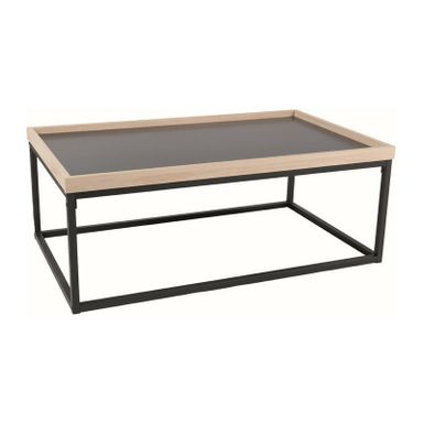 Wymiary: - długość: 100 cm - szerokość: 60 cm - wysokość: 39 cm   Materiał: - blat: płyta laminowana - stelaż: metal Kolor: - dąb + czarny / czarny