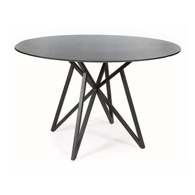 Wymiary: - średnica: 120 cm - wysokość: 76 cm Materiał - blat: ceramika z efektem marmuru - stelaż: metal Kolor: - szary marmur / czarny mat
