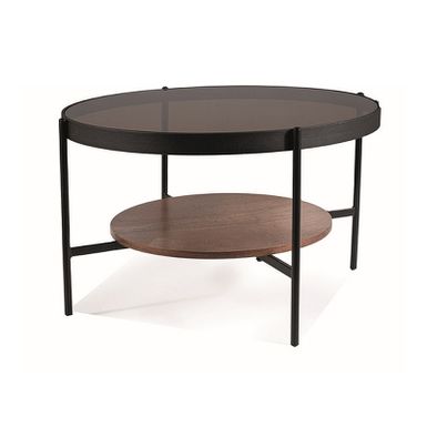 Wymiary: - długość: 74 cm - szerokość: 74 cm - wysokość: 43 cm   Materiał: - blat: szkło - półka: płyta MDF z okleiną - podstawa: metal   Kolor:...
