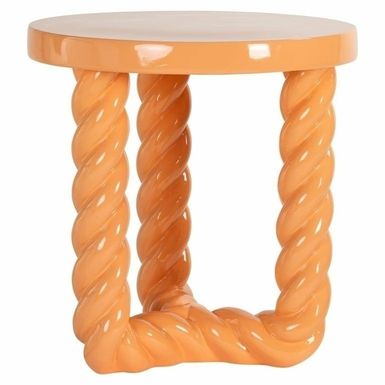Stolik okrągły ROSLY - pomarańczowy Piękny, unikatowy kształt i design w pastelowym wykończeniu. Okrągły blat w połączeniu ze splecioną podstawą...