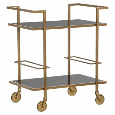 Barek XO - szczotkowane złoto/ szkło dymione Elegancki barek na kółkach Xo marki Richmond Interiors wykonany jest z metalu oraz szkła. Ciemnoszklany blat...