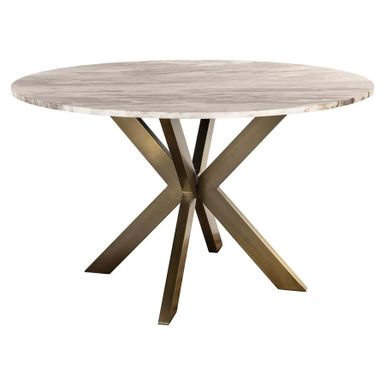Stół okrągły BOTTEGA 140 cm - beżowy / mosiężny Wyraz doskonałego połączenia rzeźbiarskiej formy i ponadczasowej elegancji. Okrągły blat z marmuru...