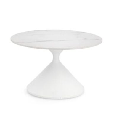 Prezentowany stolik posiada podstawę ze stali malowanej proszkowo, epoksydowo. Blat z kamionki porcelanowej z efektem matowego białego marmuru. Produkt...