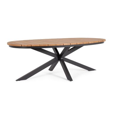 Owalny stół Zelmar 218×115. Podstawa metalowa w kolorze grafit, blat  z listwami aluminiowymi z malowaniem o efekcie drewna.Prezentowany produkt wykonywany...