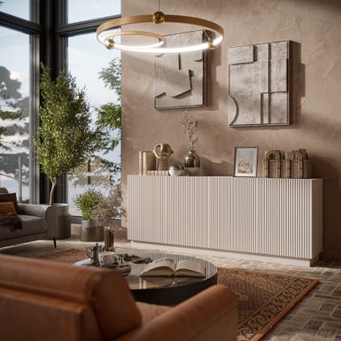 Komoda 4-drzwiowa ARDEA - kaszmir mat Komoda Ardea to nie tylko mebel, ale architekt wnętrzarskiego spokoju. Dzięki rozciągniętej, eleganckiej formie i...