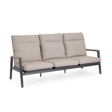 Sofa Miguel, rama z aluminium malowanego proszkowo. Oparcie wykonane z liny olefinowej, które się odchyla. Poduszki wykonane z tkaniny wodoodpornej – 100%...