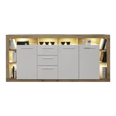 Wymiary: - szerokość 200 cm - głębokość 40 cm - wysokość 90 cm    Materiał: - korpus: folia dąb wotan - front: folia biały połysk   Oświetlenie...
