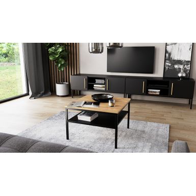 Wymiary: - długość: 60 cm - szerokość: 60 cm - wysokość: 40 cm Materiał: - MDF pokryty laminatem - nóżki: metal Kolor: - blat: czarny mat - półka:...