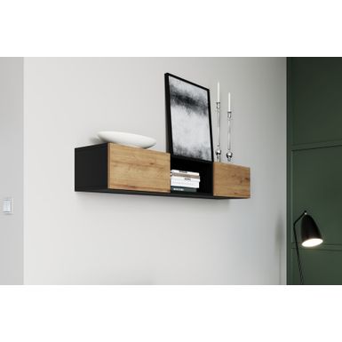 Wymiary: - szerokość: 120 cm - głębokość: 25 cm - wysokość: 20 cm Materiał: - płyta laminowana Kolor: - fronty: dąb artisan - korpus: czarny mat...