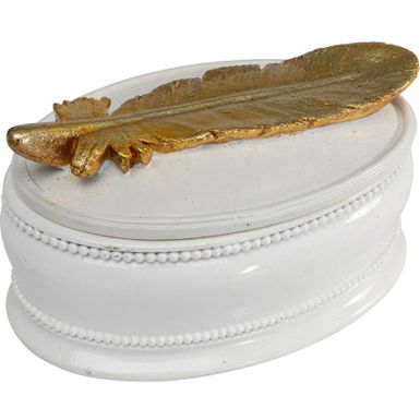 Wymiary: - szerokość: 13 cm - głębokość: 9 cm - wysokość: 7 cm   Waga: 0,4 kg   Materiał: polirezyna   Kolor: biały/złoty