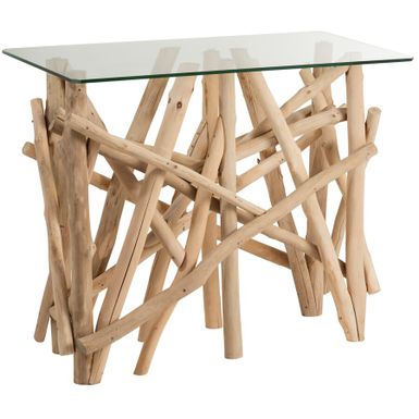 Konsola ze szklanym blatem i drewnianą podstawą BRANCH - transparentny/naturalny Wymiary: - szerokość: 97 cm - głębokość: 47 cm - wysokość: 77,5 cm Materiał: - szkło - drewno Kolor: transparentny / naturalny Waga:...